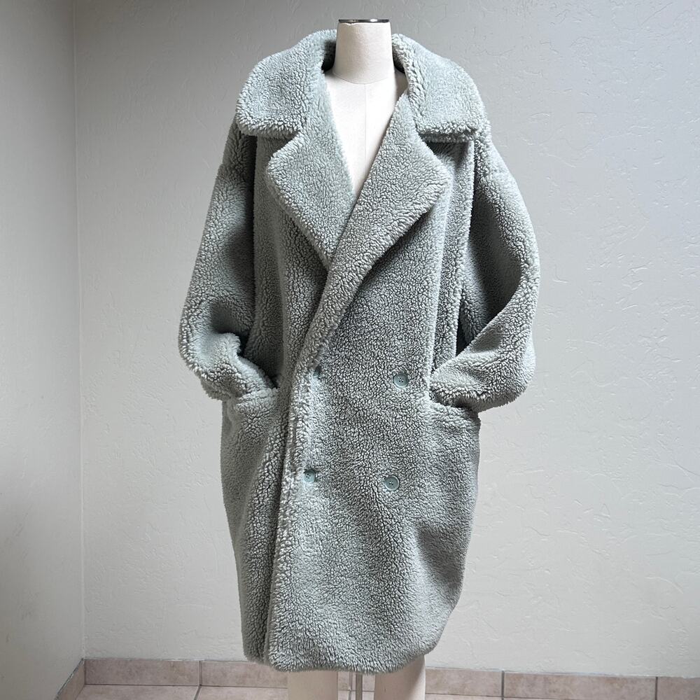 Long Teddy Bear Sherpa Coat Oversized Shaggy Faux Fur Festival Sea Green Women L